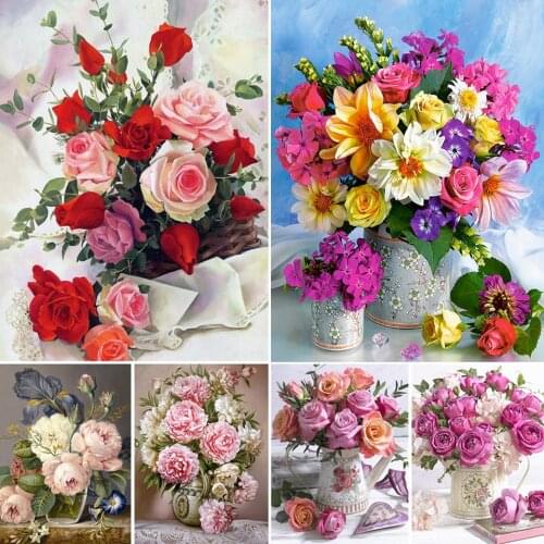 5D DIY Diamond Painting Set Rose Cross Stitch Kit Embroidery Mosaic Flowers in Vase Picture of Rhinestones Home Decoration Gift