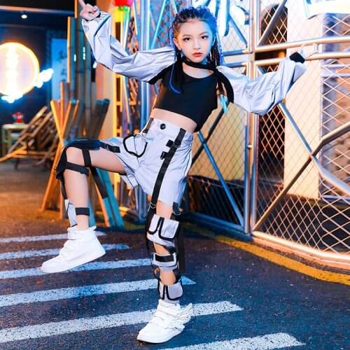 New Girls Jazz Costumes Modern Hip Hop Stage Performance Fashion Gray Stitching Suit Kids Street Dance Practice Clothing DQL4878