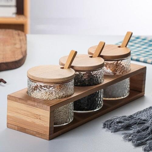 Japanese style hammered glass bamboo and wood seasoning box set household kitchen salt shaker seasoning seasoning jar