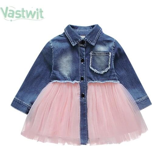 Spring Baby Girl Clothes Denim Patchwork Design Long Sleeve Lace Tulle Tutu Dress Toddler Kid 0-4Y Newborn Baby Girl Party Dress