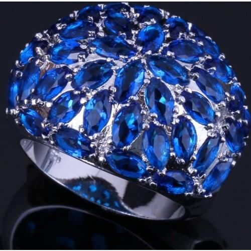 Fetching Huge Blue Cubic Zirconia Silver Plated Ring V0508
