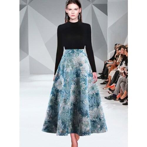 S2021 Autumn Winter Black Knit Sweater + Jacquard Vintage High Waist Big Swing Two Piece Skirt Suit