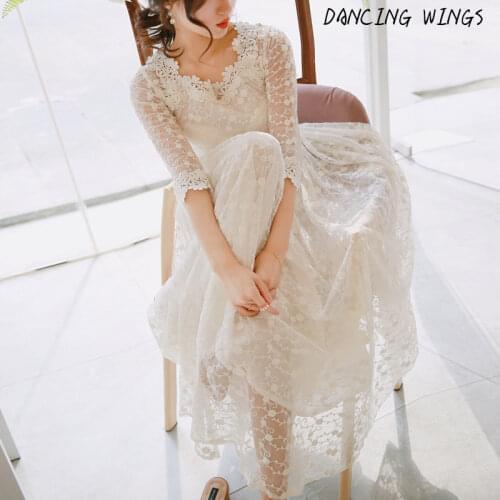 Summer Hot Dress 2021 Women Lace Dress Hook Flower Hollow Out Half Sleeve Vestido Sexy V Neck Summer Long Dress Boho