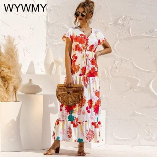 WYWMY Floral Print Dress Women Summer Boho Maxi Dress 2021 New Casual Short Sleeve V-neck Button Belt Long Beach Dress Vestidos