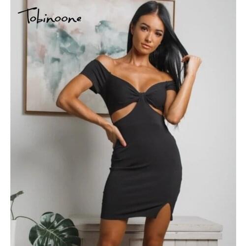 Tobinoone Off Shoulder Cut Out Tie Bodycon Dress Women Lace Up Backless V Neck Sexy Mini Dresses Summer Solid Split Party Robe