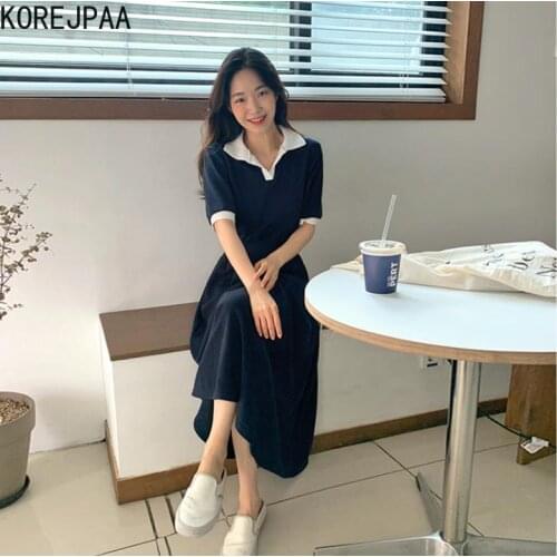 Korejpaa Women Dress 2021 Summer Korean Chic Temperament Lapel Contrast Color Slimming Waist Puff Sleeve Over-Knee Knit Vestidos