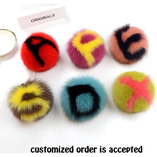 15CM Big Fluffy Initial Pom Pom Keychains Handmade Real Fox Fur Ball Key chains Bag Charm Monster Alphabet Letter Pompoms F73