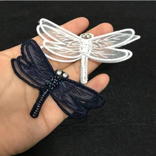 2PCS/lot Double Layers Navy and White Beads Dragonfly Patch Sewing On Patches for Clothing Applique Sweater DIY Accessories