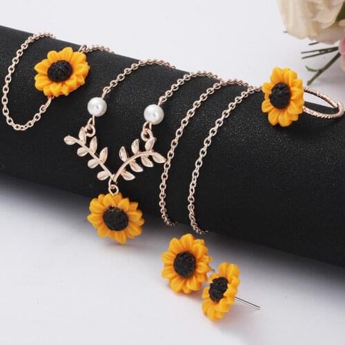 3/5Pcs Lady Sunflower Leaf Faux Pearl Charm Necklace Earrings Bracelet Ring Set trendy Jewelry Decor Accessory Gift