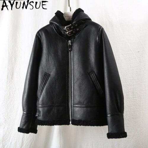 AYUNSUE Womens Fur Coat Female Natural Fur Jacket Short Real Leather Jacket Women Sheepskin Coats Hooded 2020 Ropa De Mujer 1