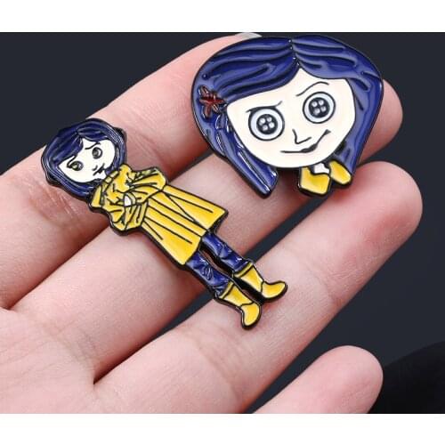 MIDY Horror Movie Coraline Pins Brooch Cute Figure Enamel Brooches Dragonfly Crystal Hair Clip For Women Girls Jewelry