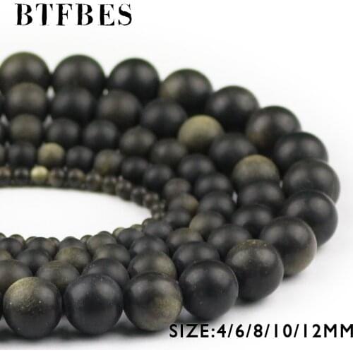 BTFBES Natural Matte Gold Obsidian Stone Beads Black Round Loose Beads 4 6 8 10 12mm Ball DIY Jewelry Bracelet Making Necklace
