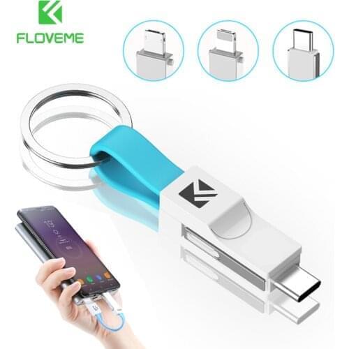 FLOVEME 3 in 1 Portable Mini Keychain USB Cable Micro USB Type C For iPhone 12 11 Pro XR 8 Fast Charger Data Sync Charging Cable