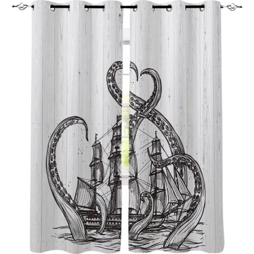 Kitchen Curtains Octopus And Pirate Ship Window Curtains Living Room Bedroom Decor Items Curtains for Bedroom