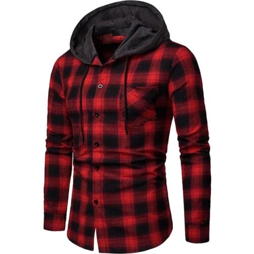 Spring and Autumn Mens Fashion Plaid Hooded Flannel Shirt Spring and Autumn Jacket Shirt