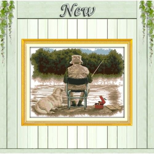 Old man and dog to Fishing,printed on canvas DMC 14CT 11CT Cross Stitch kits,embroidery needlework Sets,river Scenery Home Decor