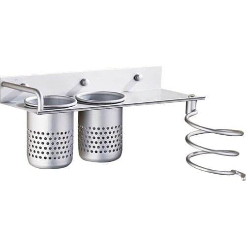Hair Dryer Holder Wall Mounted Hair Dryer Hanging Rack With Organizer Cup Aluminum Storage Rack for Bathroom Barbershop Washroom
