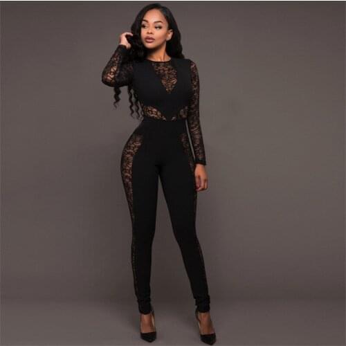 Autumn Black Lace Stitch Backless High Waist Jumpsuit Women Hollow Out Sexy Girl Rompers Patchwork Long Sleeve Bodysuit Hot Sale