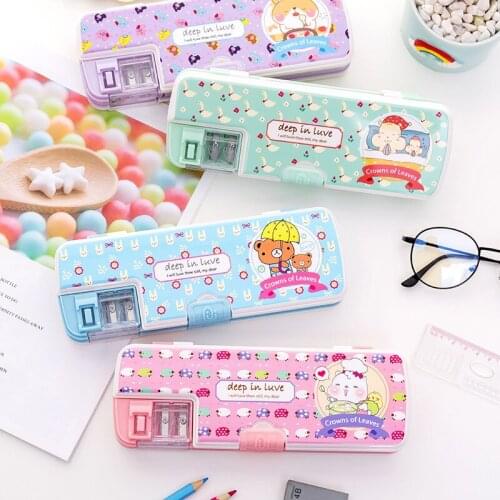 1pc Plastic Cartoon Multi-function 2 Layer Double Open Pencil Case Pen Box Kids Pencil Bag Student Gift Stationery School Supply
