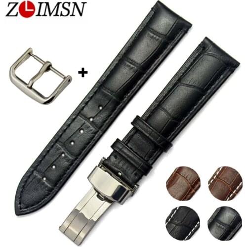 ZLIMSN Genuine Leather Watch Band Men Belt 18mm 20mm 22mm 24mm Black Brown Watchband Stainless Steel Butterfly Buckle Pin Buckle