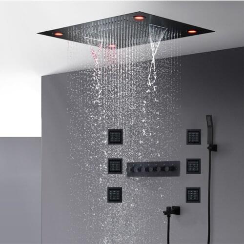 Bathroom Black Shower Set Luxury Thermostatic Shower Faucets Large LED Ceiling Waterfall Rainfall Shower Head body massage jets