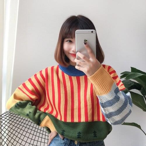 Free Valley Womens Sweaters Kawaii Ulzzang Loose Wild Color Stitching Korean Knitted Sweater Female Korean Clothing for Women