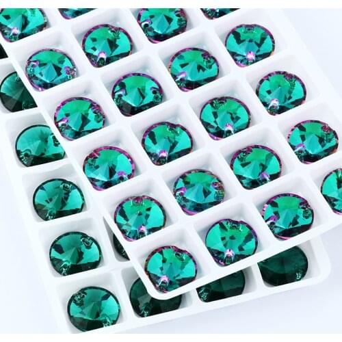Bright Shiny Emerald Round K9 Glass Rivoli Sew on Rhinestones Flat Back Strass Crystal Buttons Sew on Clothing Crafts