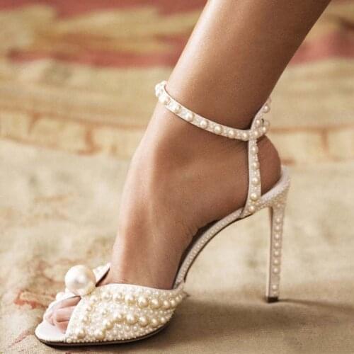 New Summer Women Sandals Fashion Wedding Shoes Women Pearls Studs Luxury Peep Toe High Heels Woman Shoes Zapatos De Mujer 2020