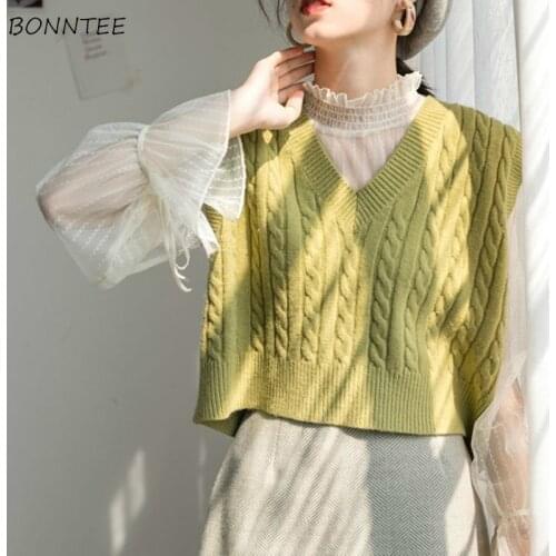 Sweater Vest Women Solid Cropped V-Neck Leisure Minimalist Stylish Ladies Clothing Hot Sale Autumn Korean Version All-match New