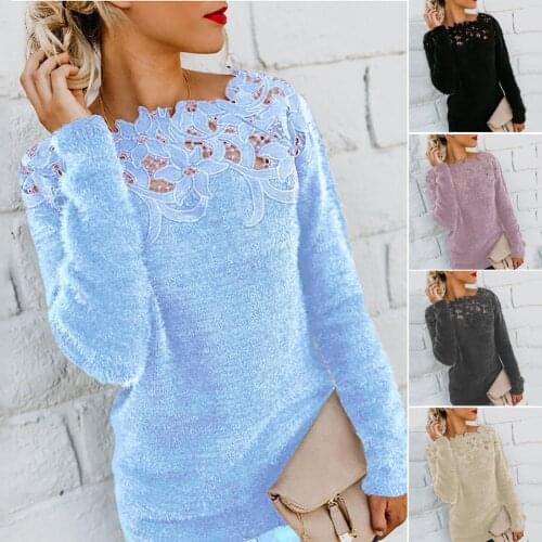 Oversized Sweater Dress Women Solid Color Long Sleeve O Neck Floral Lace Pullover Plus Size Sweater