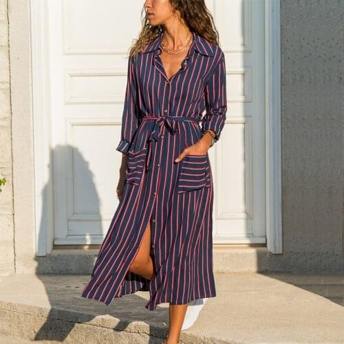 2020 New Spring Long Shirt Chiffon Print Dress High Waist Lace Up Side Pockets Tunic Office Ladies Striped Shirts Elegant Dress