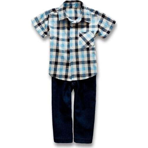 Denim 11.11 baby boy clothes baby wear boys 2018 summer Casual plaid Shirt +denim Shot 2 pcs kids new born baby clothes set