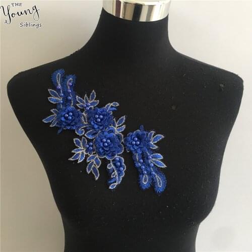 ABS pearl Flower Lace Collar Clothing Fabric Accessories Blue Organza embroidery Patches Sewing Crafts Applications for clothes