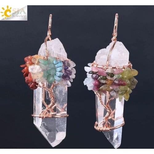 CSJA Natural White Crystal Big Pendant Reiki Chakra Tree of Life Rose Gold Color Handmade Wire Wrapped Pendant for Necklace F517