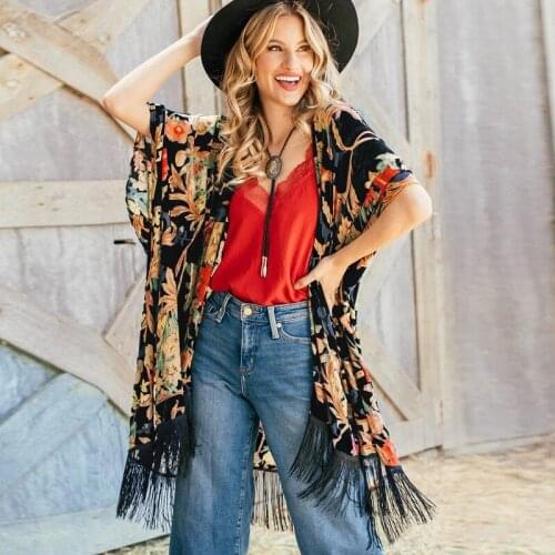 High Street Cool Girl Cargo American Retro-Fashion Chiffon Tassel Chic Kimono Light Coats Summer Women Vintage Floral Print Tops