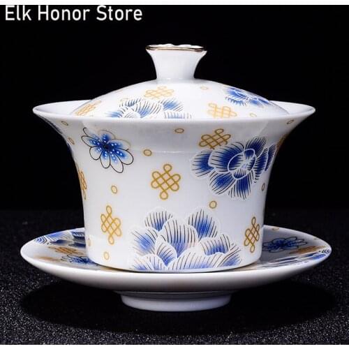 110ml White Ceramic Sancai Gaiwan Master Cups Hand Painted The Cherry Blossom Tea Tureen Chinese Vintage Tea Set Accessories