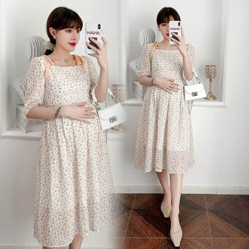 Summer Korean Fashion Floral Printed Chiffon Maternity Long Dress A Line Loose Clothes for Pregnant Women Pregnancy