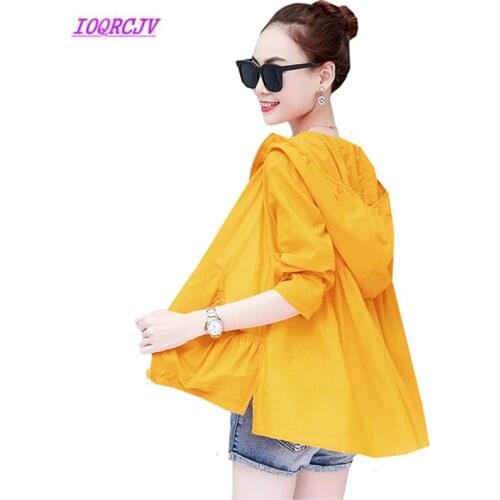 Summer Sun protection clothing Womens Hooded Breathable Air conditioning shirt Long sleeve Large size loose Thin Outerwear B045