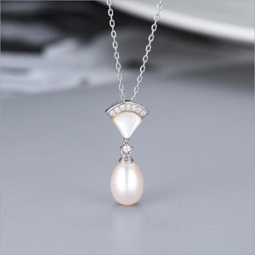 Fashion Crystal Sweet 925 Sterling Silver Fan-Shaped Shell Natural Freshwater Pearl Necklace for Women Girls Cute Birthday Gift