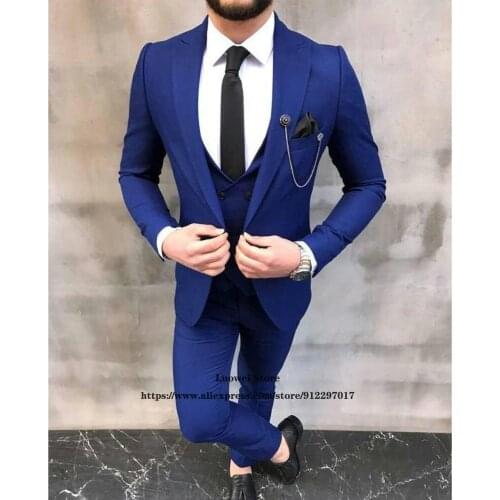 Mens Slim Fit Suits Classic Blue Peaked Lapel Wedding Groom 3 Piece Set Formal Business Blazer Terno Masculino Jacket+Vest+Pants