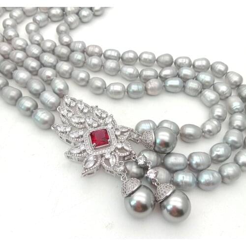 YYGEM 22" 3 Strands Gray Rice freshwater Pearl Necklace Sea Shell Pear Cubic Zirconia flame shape connector necklace for women
