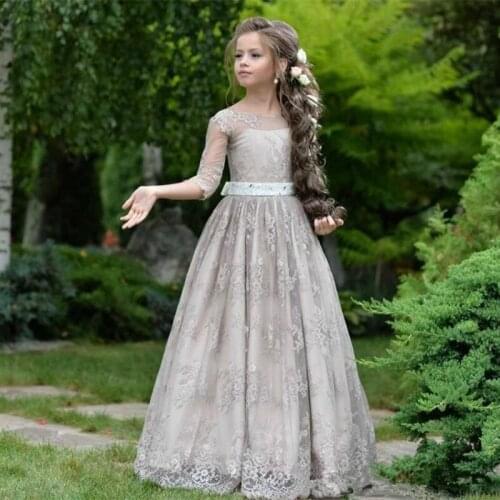 Girls Pageant Gowns Kids Flower Girl Dresses For Wedding Party Prom Jewel Half Sleeve Grey Lace Lovely Formal Wear Floor Length