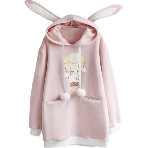 Pink Cartoon Print Hoodies With Ears On Hood 2020 Winter Long Sleeve Pocket Cute Hooded Pullover For Teenage Girls