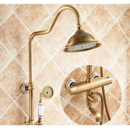 Shower Faucets Wall Mounted Thermostatic Shower Mixer Tap Antique Brass Dual Handle With Slide Bar Shower For Bathroom AST9507
