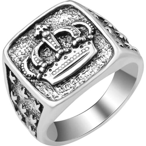 Punk Gothic Antique Silver Color Crown Signet Rings Vintage Mens Wedding Engagement Statement Crown Rings Male Fashion Jewelry