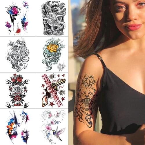 New Arm temporary tattoo sticker Flower lotus watercolor body tattoo Tiger snake ink body sticker tattoo for women 210*148mm