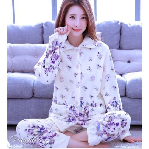 Women Sleepwear Pyjama Suit Thick Warm Cute Sleepingwear Girls Coral Fleece Pajamas for Women Flannel Homewear D-2100