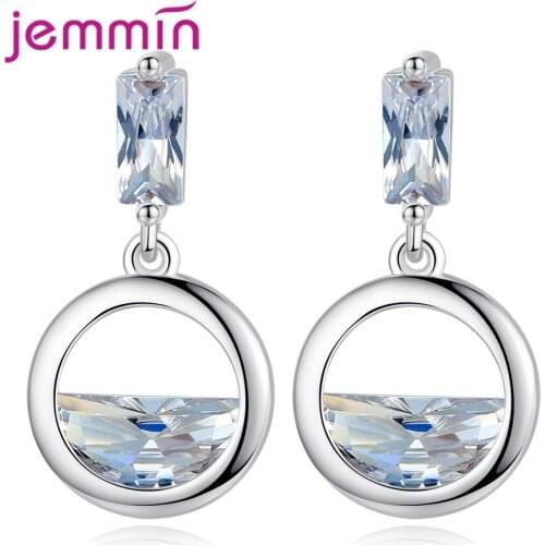 Women Delicate 925 Sterling Silver Cubic Zirconia Drop Earrings Korean Trendy Piercing Geometric Ear Round Geometric Gift