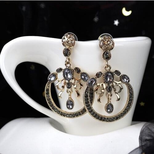 Sunspicems 2020 Gothic Grey Crystal Drop Earring For Women Antique Gold Color Indian Earring Vintage Round Wedding jewelry Gift