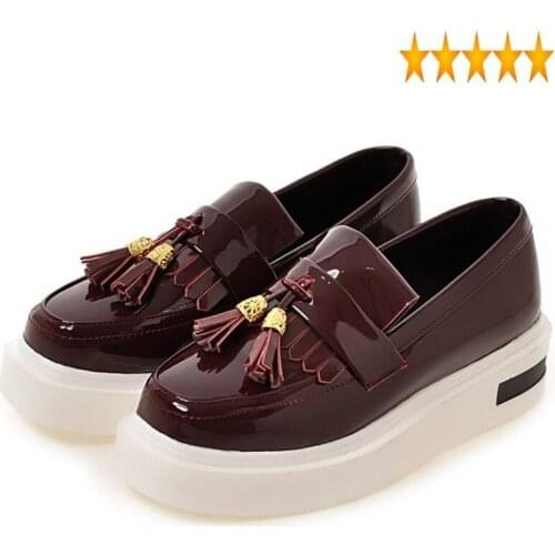 Thicken European Womens Retro Tassels Platform Creeper Slip On Loafer Pu Leather Preppy Wedges Square Toe Female Casual Shoes